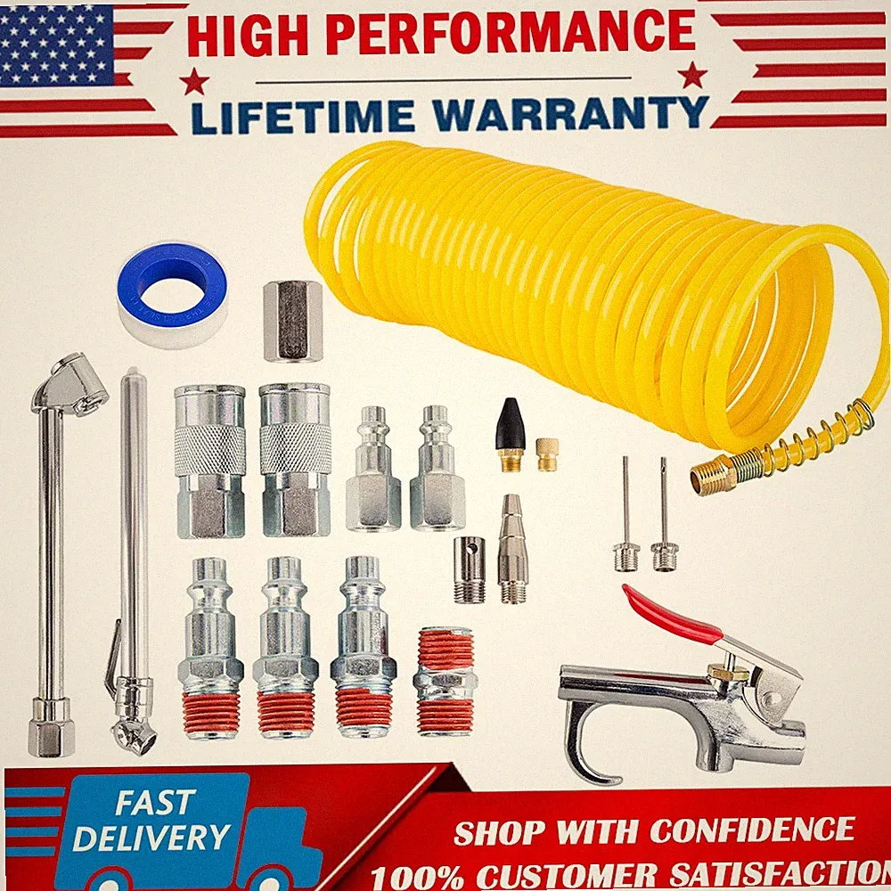 20Pcs Air Compressor Tire Hose Kit Inflate Accessory Nozzles Recoil Set 1/4" NPT